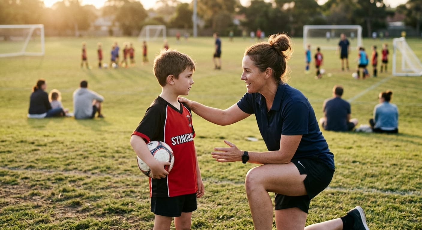 A coach supporting a young athlete